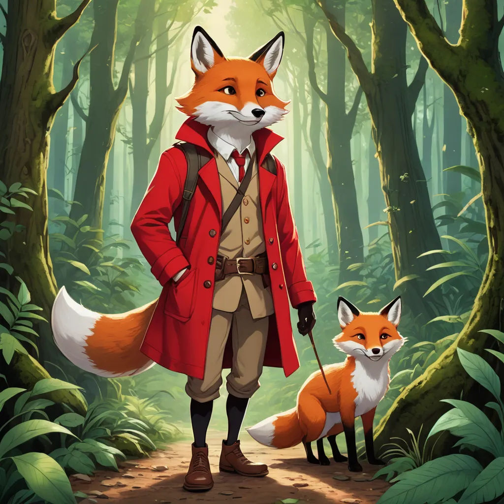 a man in a red coat and a fox in a forest with trees and leaves on the ground, with a red coat on, furry art, a character portrait, Aaron Jasinski, official art