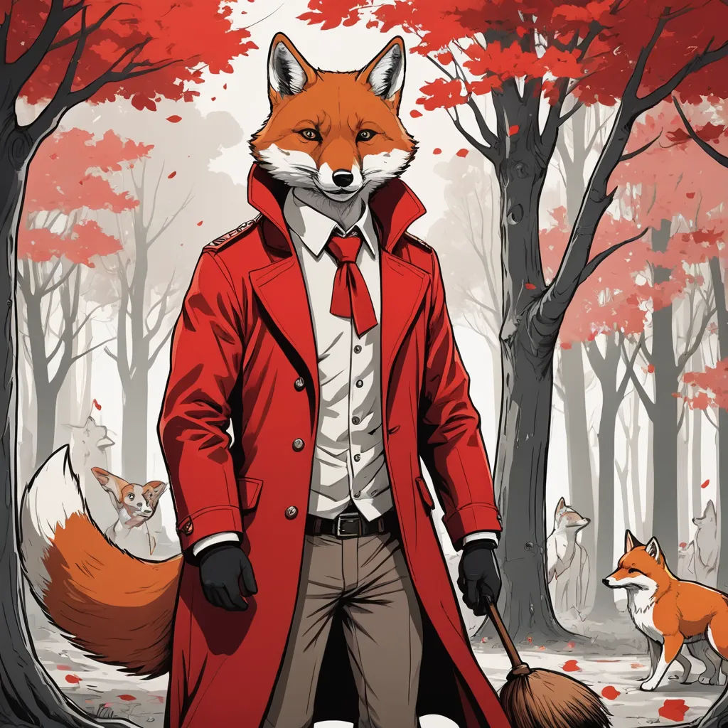 a man in a red coat and a red fox in a forest with red leaves and trees, with a red background, furry art, a storybook illustration, Aaron Jasinski, comic cover art
