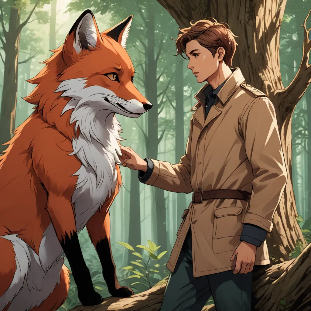 a man in a trench coat petting a fox in a forest with trees and bushes behind him,, furry art, a storybook illustration, Cedric Seaut (Keos Masons), official art
