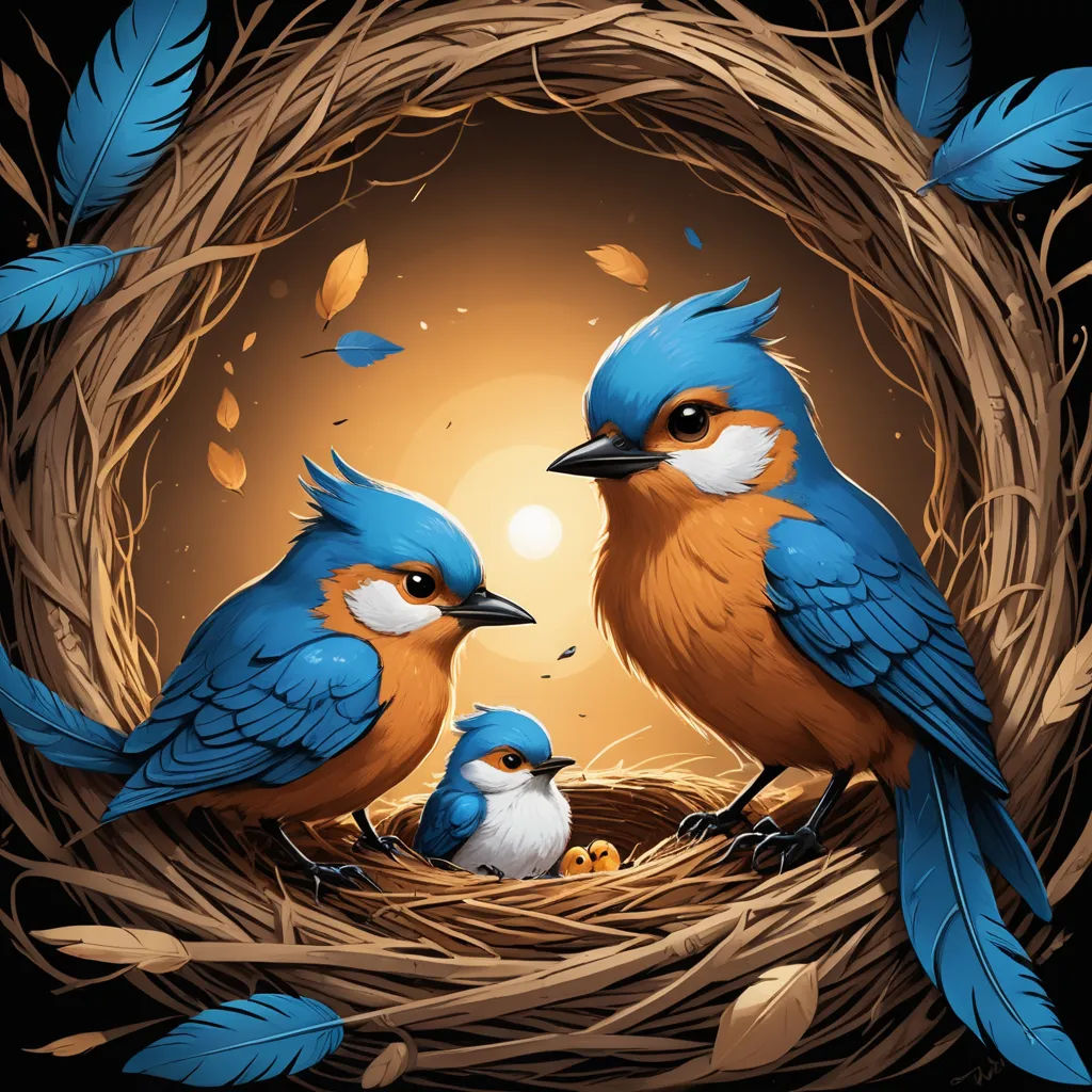 a couple of birds sitting on top of a nest next to a baby bird in it's nest, generative art, an airbrush painting, Dan Mumford, highly detailed digital painting