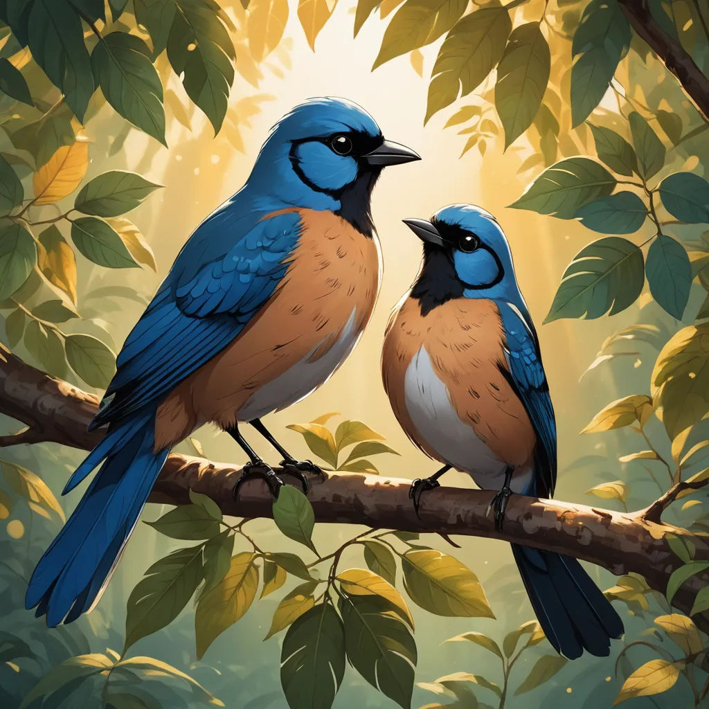 two birds sitting on a branch in a tree with leaves and sunlight shining through the leaves behind them,, altermodern, a digital painting, Chris LaBrooy, birds