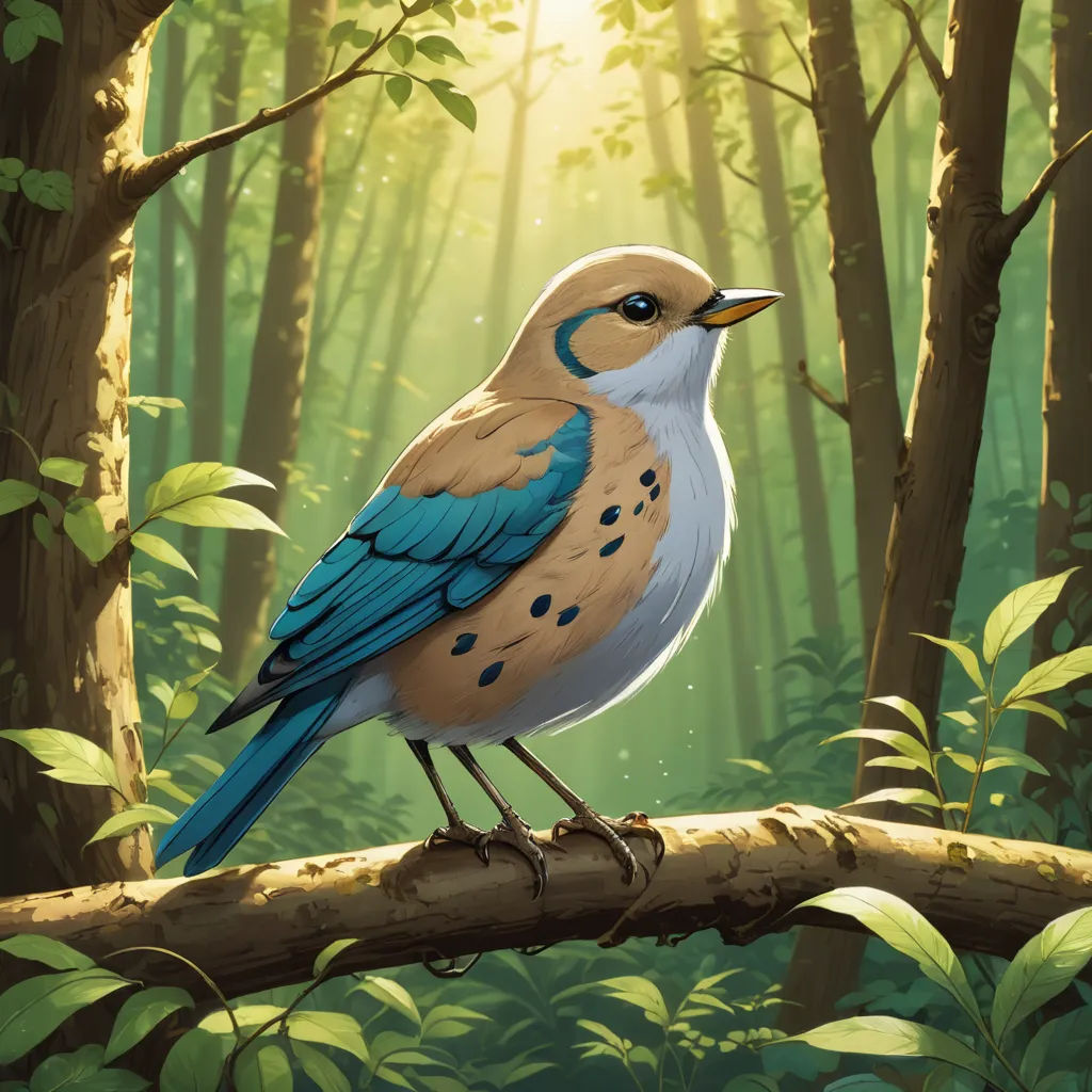 a bird sitting on a branch in a forest with sunlight coming through the trees and leaves on the ground, altermodern, a digital painting, Chris LaBrooy, birds