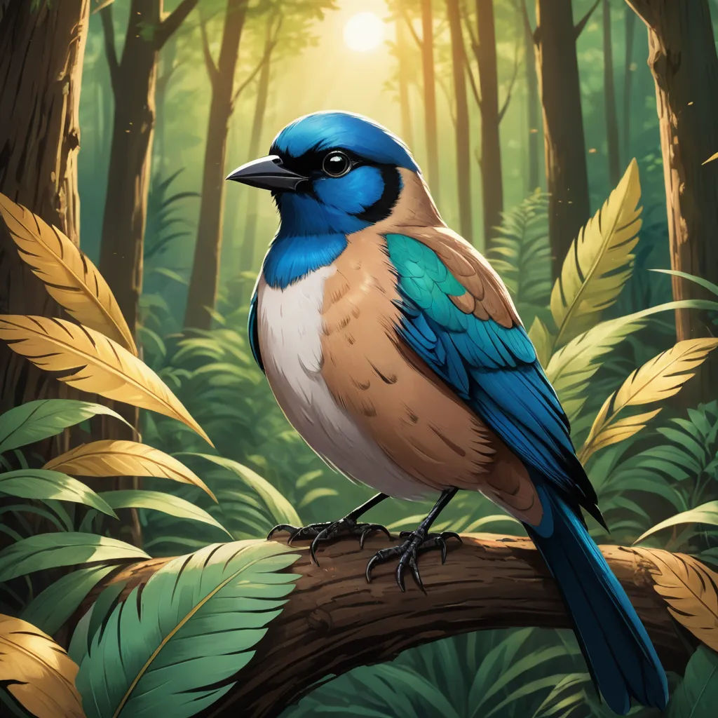 a bird sitting on a branch in a forest with sunlight coming through the trees and leaves around it,, altermodern, a digital painting, Dan Mumford, magic the gathering artwork