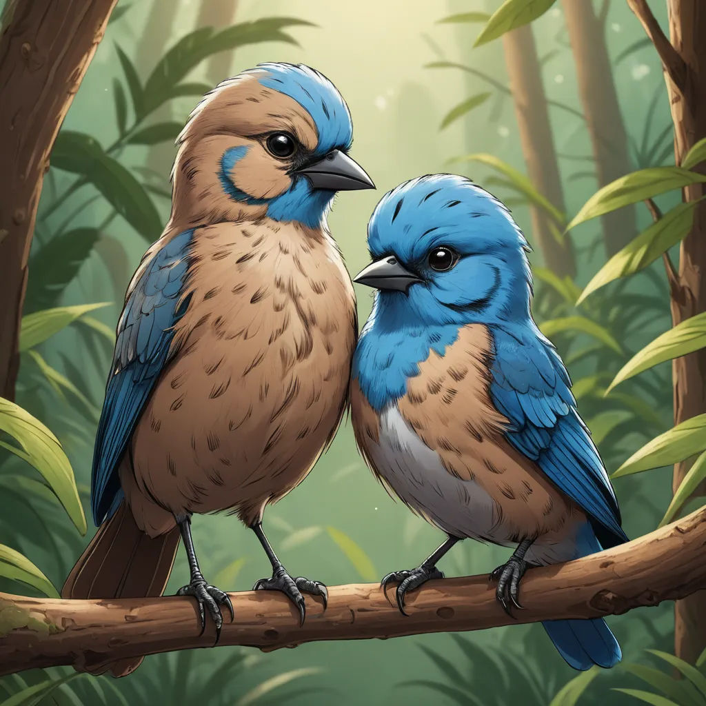two birds sitting on a branch in a forest with trees and plants behind them, one of them is blue and the other is brown, digital art, a digital painting, Chris LaBrooy, birds