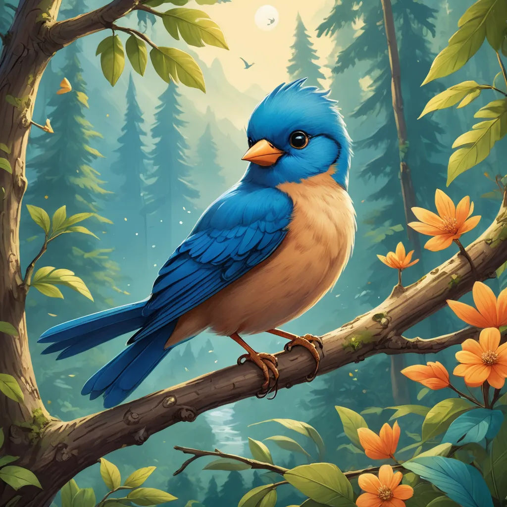 a blue bird perched on a branch in a forest with flowers and trees in the background, with a full moon in the sky, altermodern, a digital painting, Chris LaBrooy, highly detailed digital painting