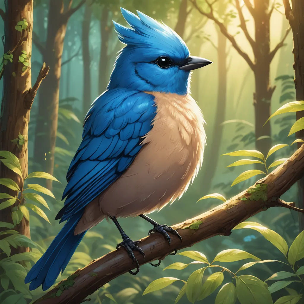 a blue bird sitting on a branch in a forest with trees and bushes in the background, with sunlight shining through the leaves, altermodern, a digital painting, Chris LaBrooy, magic the gathering artwork
