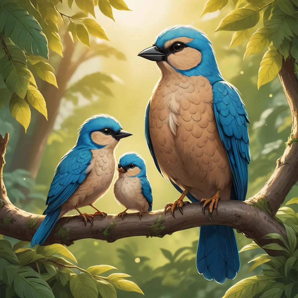 a painting of two birds sitting on a branch with another bird perched on the branch behind them, with a sun shining through the leaves, altermodern, a digital painting, Chris LaBrooy, birds