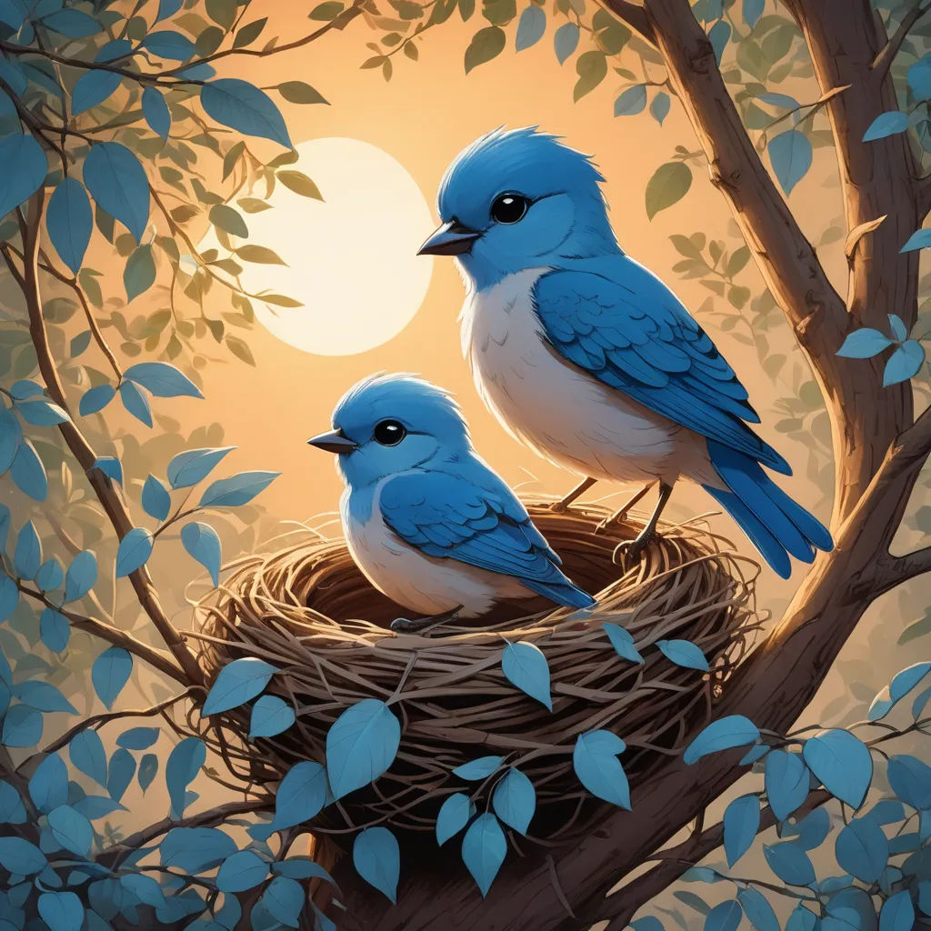 two birds sitting on top of a nest in a tree with leaves and a sun in the background with a tree branch, fantasy art, a digital painting, Chris LaBrooy, highly detailed digital painting