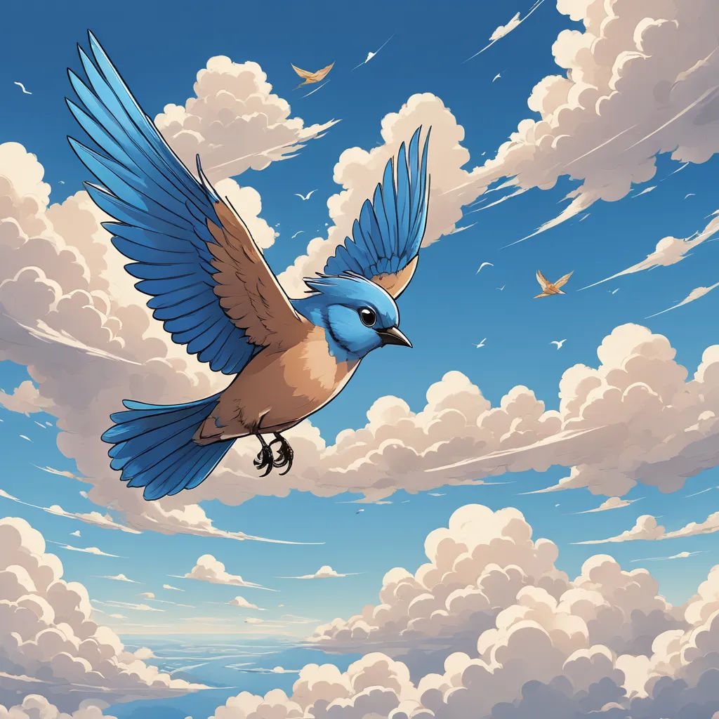 a bird flying through the air with clouds in the background and birds flying around it in the sky above, fantasy art, a comic book panel, Cyril Rolando, birds