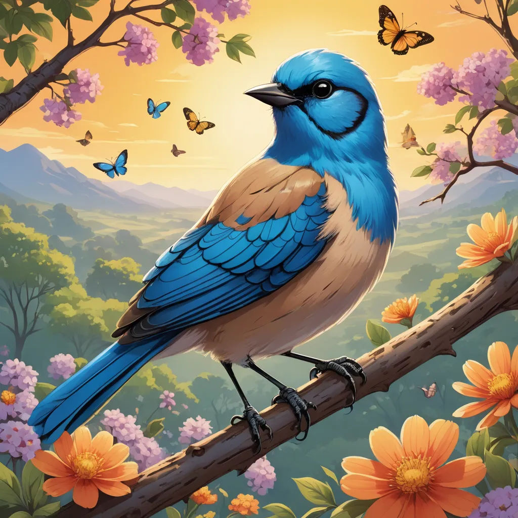 a blue bird sitting on a branch with flowers and butterflies around it and a sunset in the background with a mountain range in the background, fantasy art, a storybook illustration, Chris LaBrooy, highly detailed digital painting