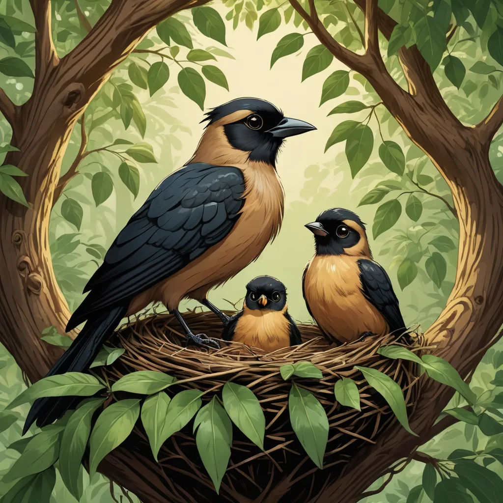 a bird sitting on top of a nest with two babies in it's nest in a tree filled forest, fantasy art, a storybook illustration, Dan Mumford, highly detailed digital painting