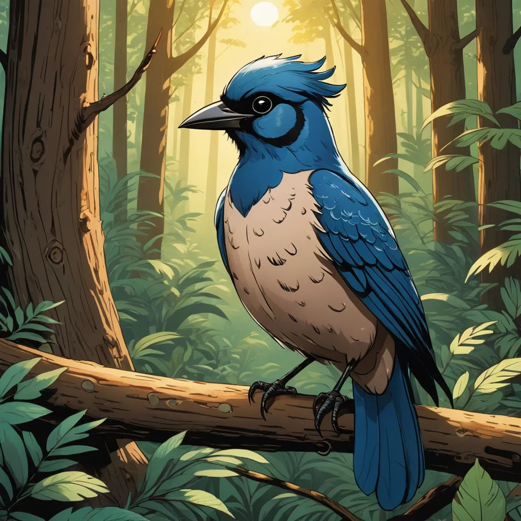 a blue bird sitting on a tree branch in a forest with sun shining through the trees behind it and a sunbeam in the background, altermodern, a storybook illustration, Dan Mumford, josan gonzales and dan mumford
