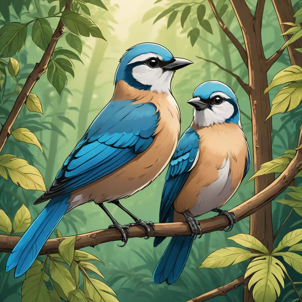 two blue birds sitting on a branch in a forest with green leaves and a sunbeam in the background, fantasy art, a digital painting, David Martin, birds