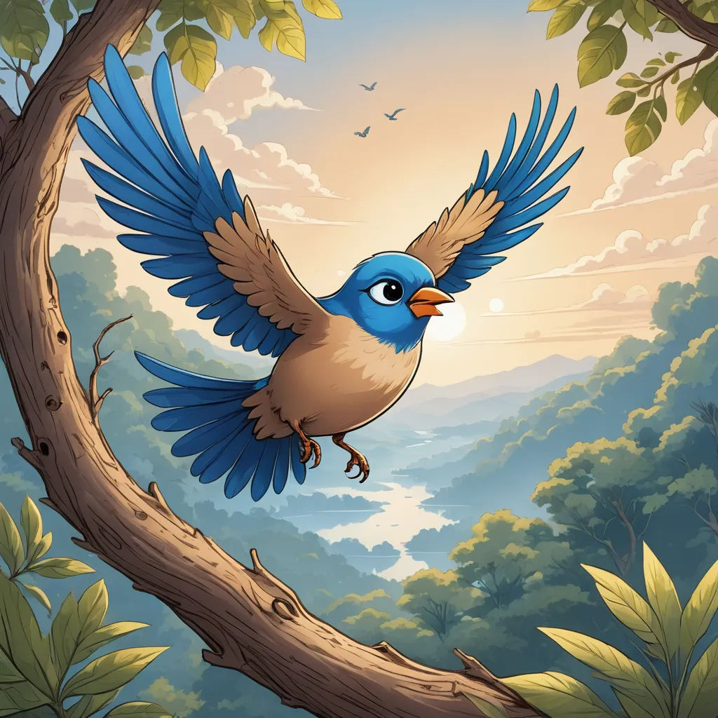 a bird flying over a tree branch in a forest with a sunset in the background and birds flying around, fantasy art, a storybook illustration, Chris LaBrooy, highly detailed digital painting