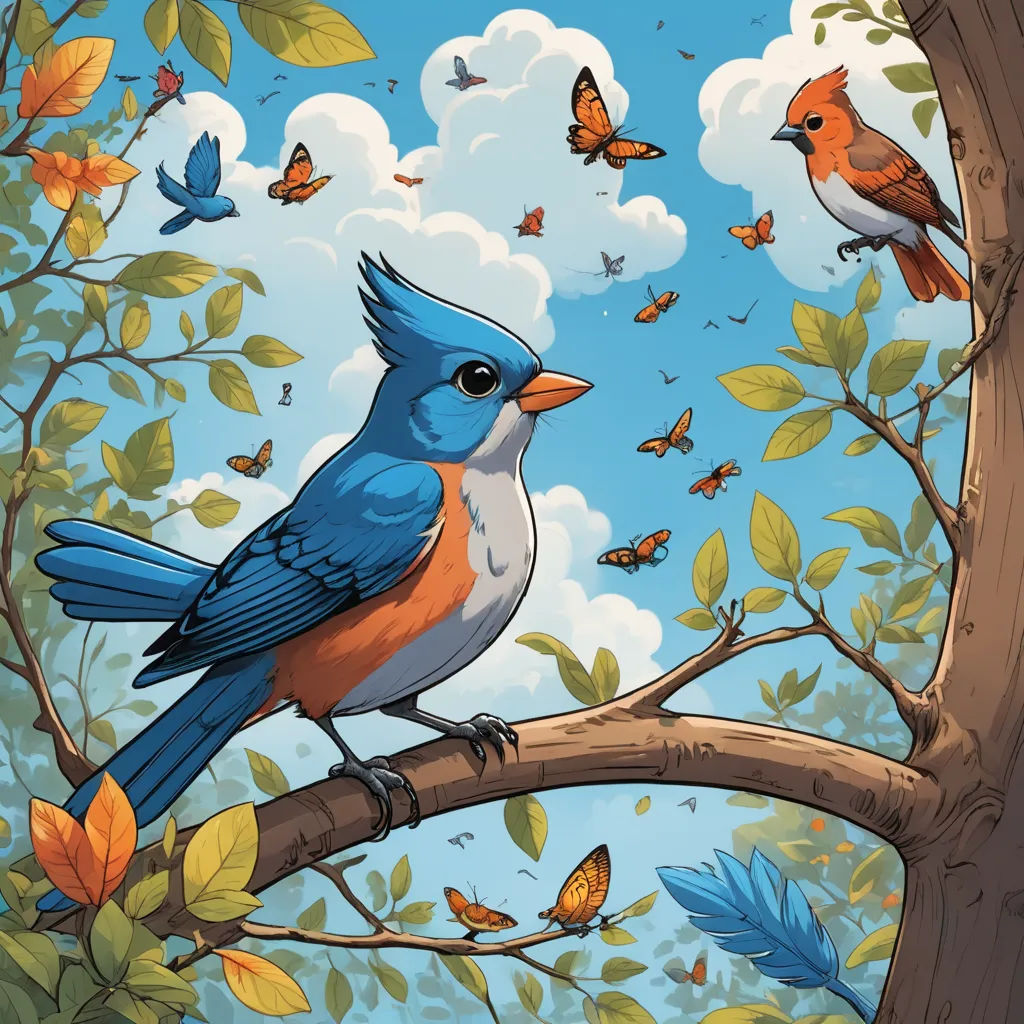 a bird sitting on a branch with butterflies flying around it and a tree with leaves and branches in the foreground, generative art, a storybook illustration, Chris LaBrooy, birds