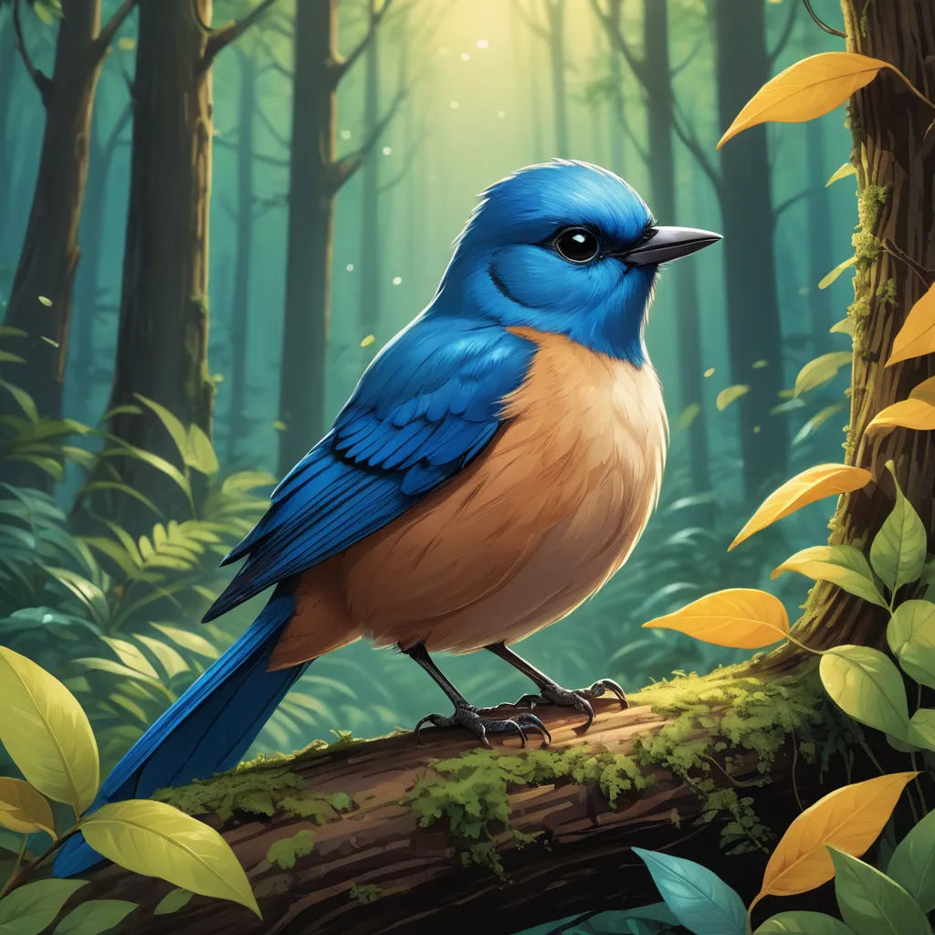 a blue bird sitting on a tree branch in a forest with leaves and a sunbeam in the background, altermodern, a digital painting, Chris LaBrooy, magic the gathering artwork