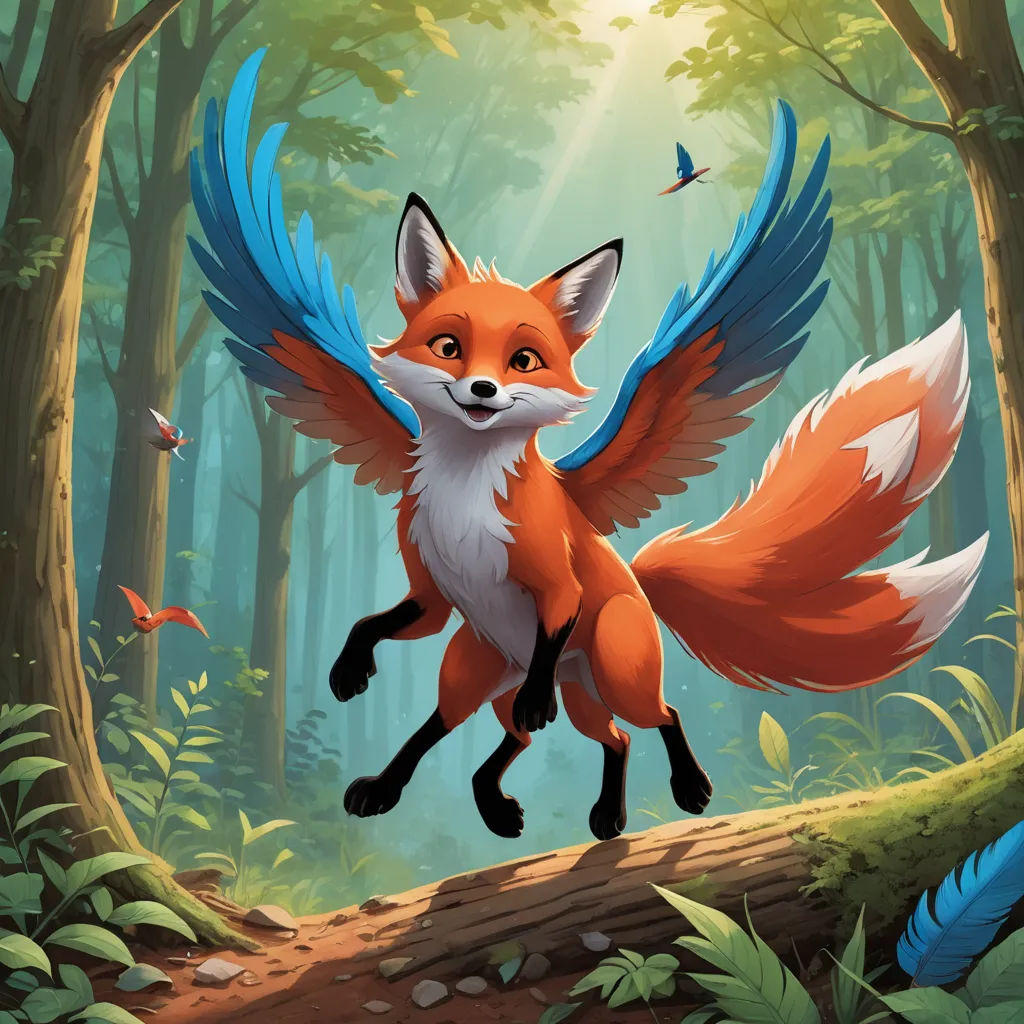 a red fox with blue wings is running through the woods with a butterfly in its mouth and a bird flying above, furry art, a storybook illustration, Cliff Childs, official art