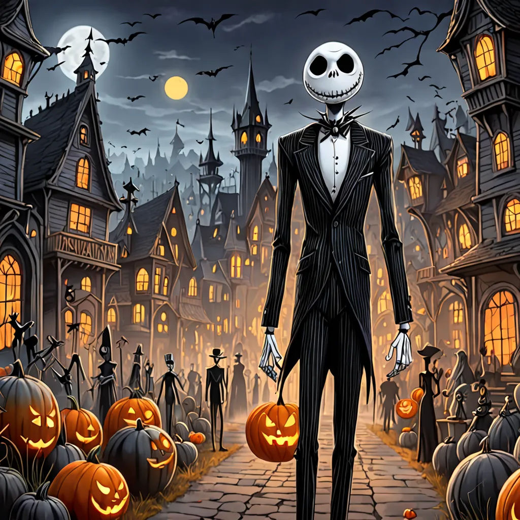 a skeleton dressed in a tuxedo walking down a street with pumpkins in front of a castle, gothic art, a storybook illustration, Anne Stokes, behance hd