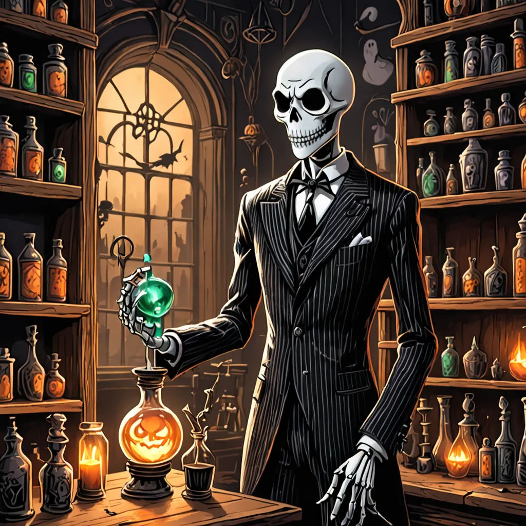 a skeleton in a suit holding a green ball in a room full of bottles and a clock on a table, vanitas, a character portrait, Edgar Ainsworth, promotional image