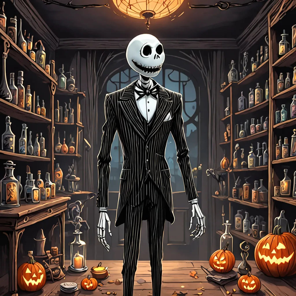 a skeleton in a suit and bow tie standing in a room full of bottles and pumpkins on the floor, gothic art, a character portrait, Anne Stokes, behance hd