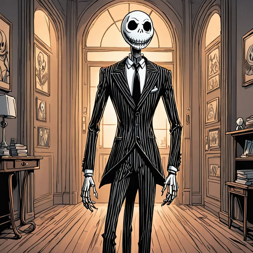 a skeleton in a suit standing in a room with a desk and a lamp on it's side, gothic art, a comic book panel, Felix Octavius Carr Darley, official art
