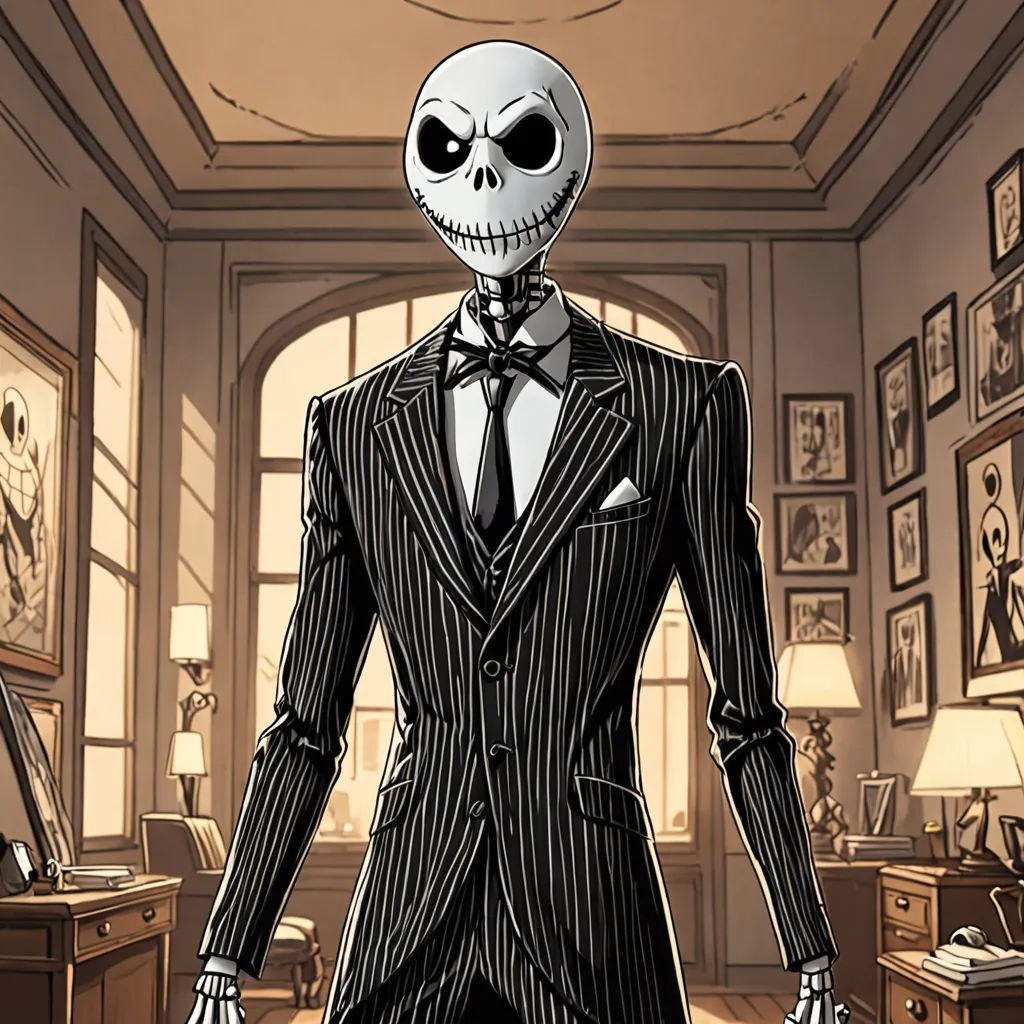 a skeleton in a suit and tie standing in a room with a desk and a clock on the wall, gothic art, a comic book panel, Barron Storey, official art