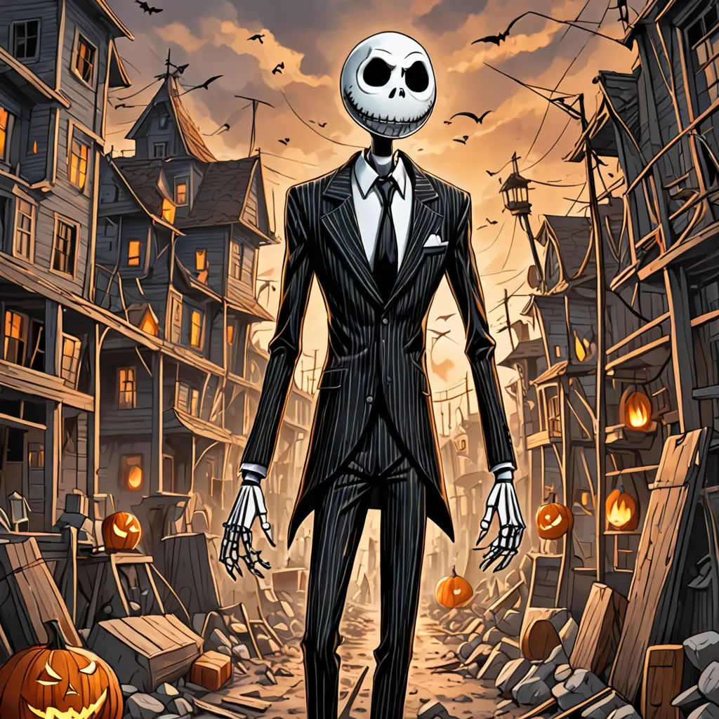 a skeleton dressed in a suit and tie standing in a street with pumpkins and bats flying around him, gothic art, a character portrait, Anne Stokes, behance hd