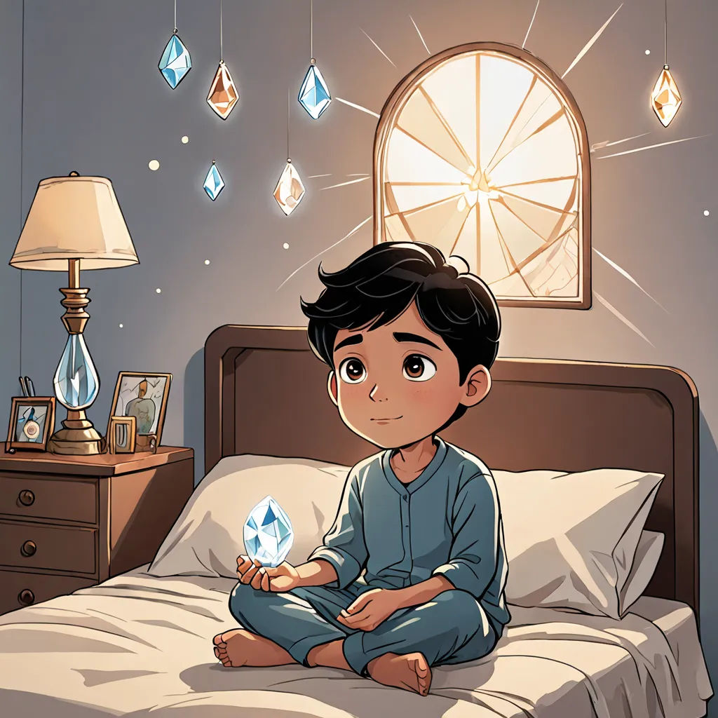 a boy sitting on a bed with a diamond in his hand and a lamp on the nightstand behind him, sots art, a storybook illustration, Amir Zand, comic cover art