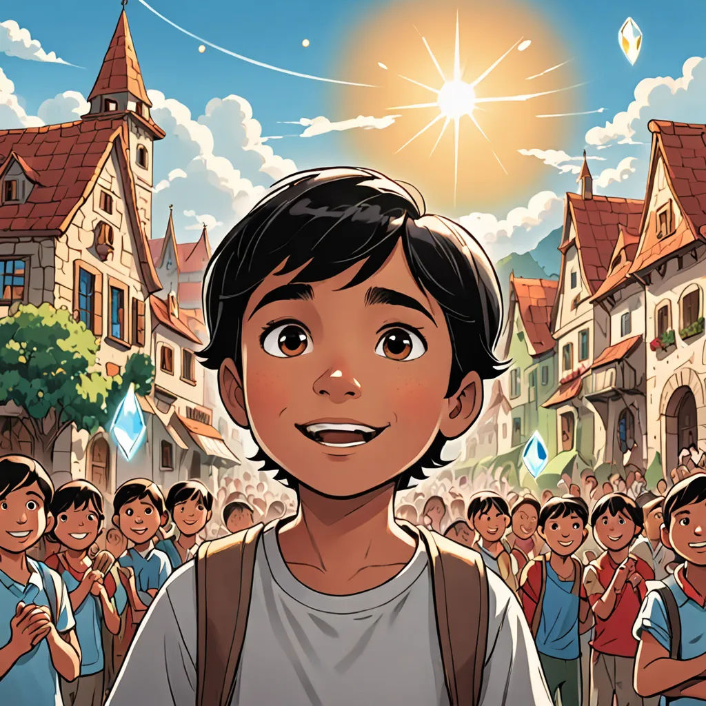 a boy is standing in front of a crowd of people in a town with a star above him and a sky with clouds, magical realism, a storybook illustration, Cliff Childs, rossdraws global illumination