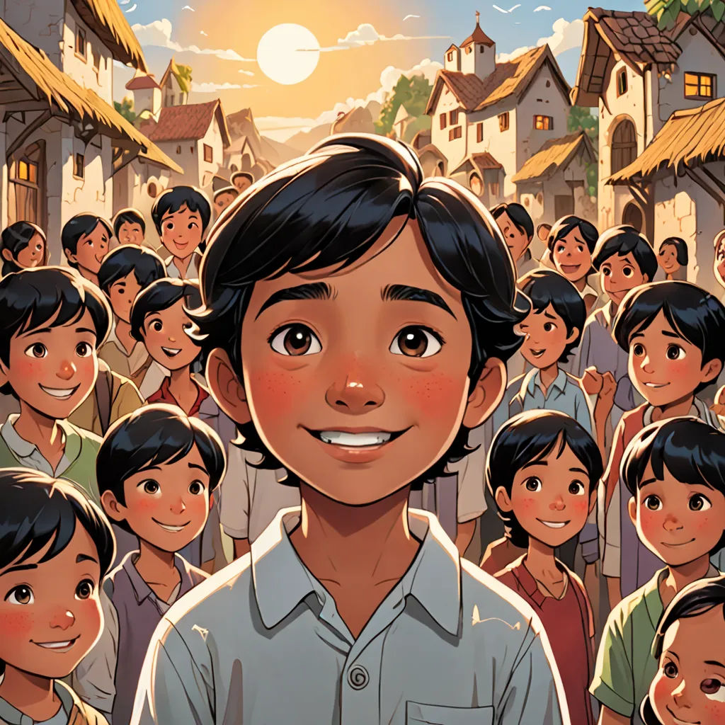 a boy standing in front of a crowd of people in a village with a sun in the background and a sky with clouds, samikshavad, a storybook illustration, Basuki Abdullah, rossdraws global illumination