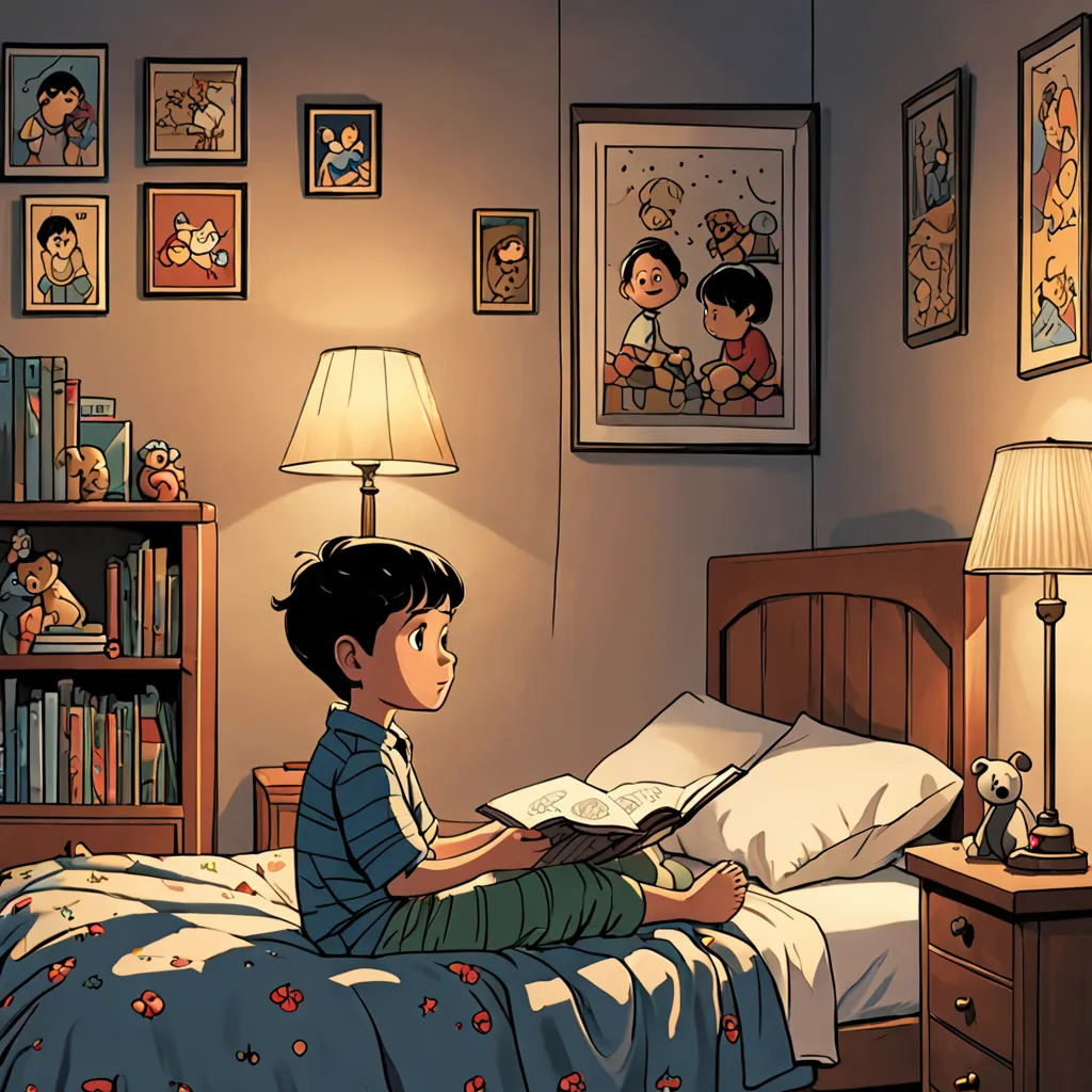 a boy sitting on a bed reading a book in a bedroom with a lamp on the nightstand and a teddy bear on the wall, context art, a comic book panel, Diego Gisbert Llorens, rossdraws global illumination