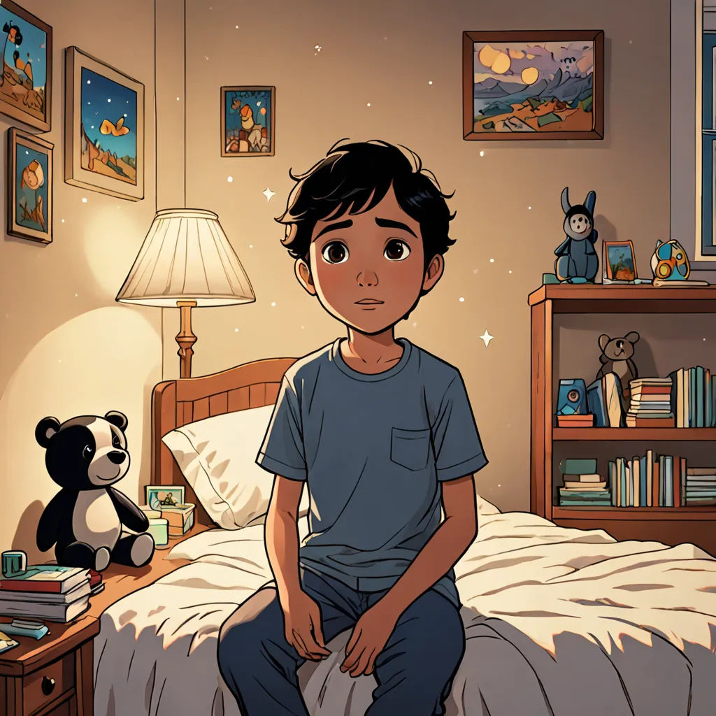 a boy sitting on a bed with a teddy bear next to him and a lamp on a nightstand next to him, photorealism, a comic book panel, Asaf Hanuka, rossdraws global illumination