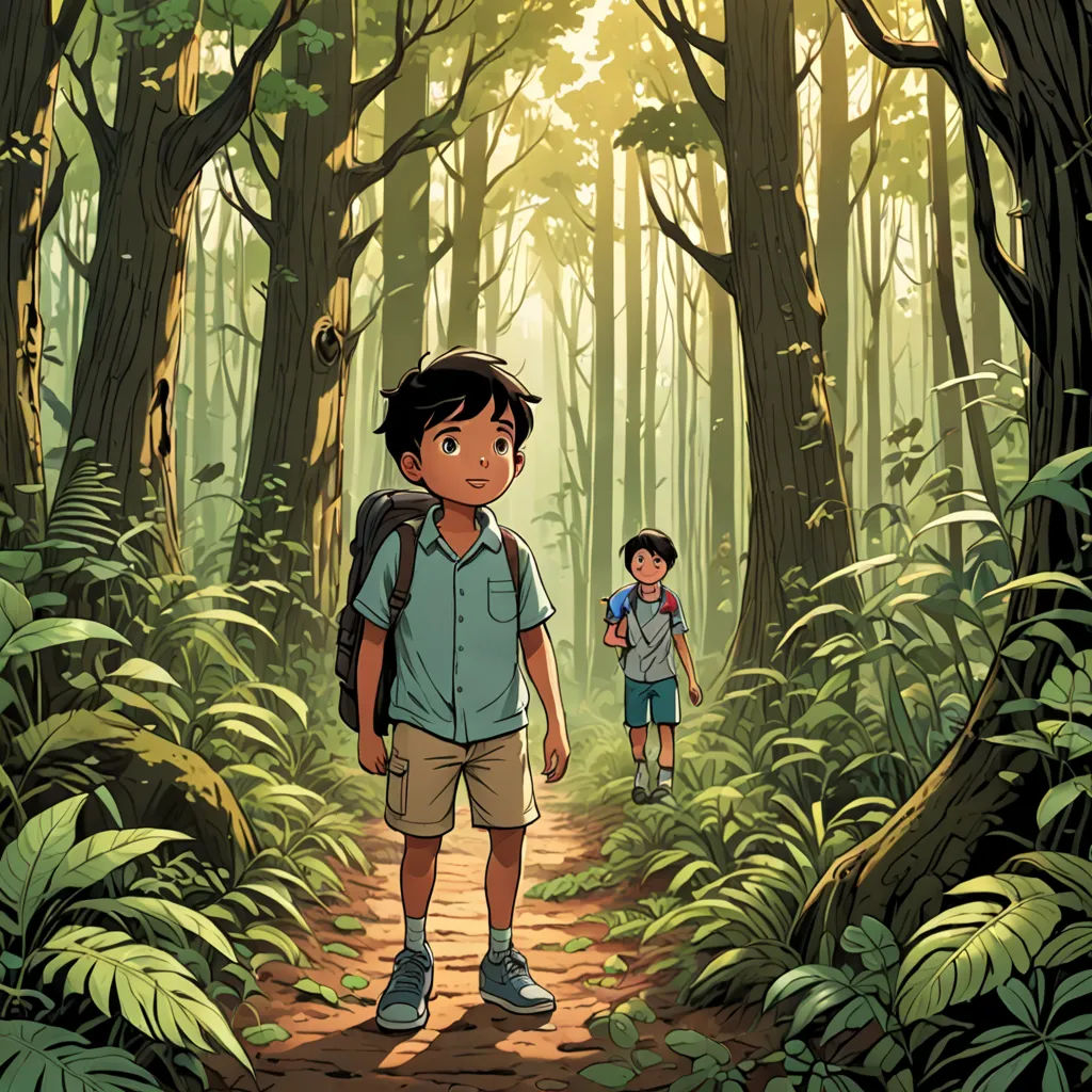 a boy and a boy are walking through a forest with a backpack on their shoulders and a backpack on his shoulder, environmental art, a storybook illustration, Asaf Hanuka, color page