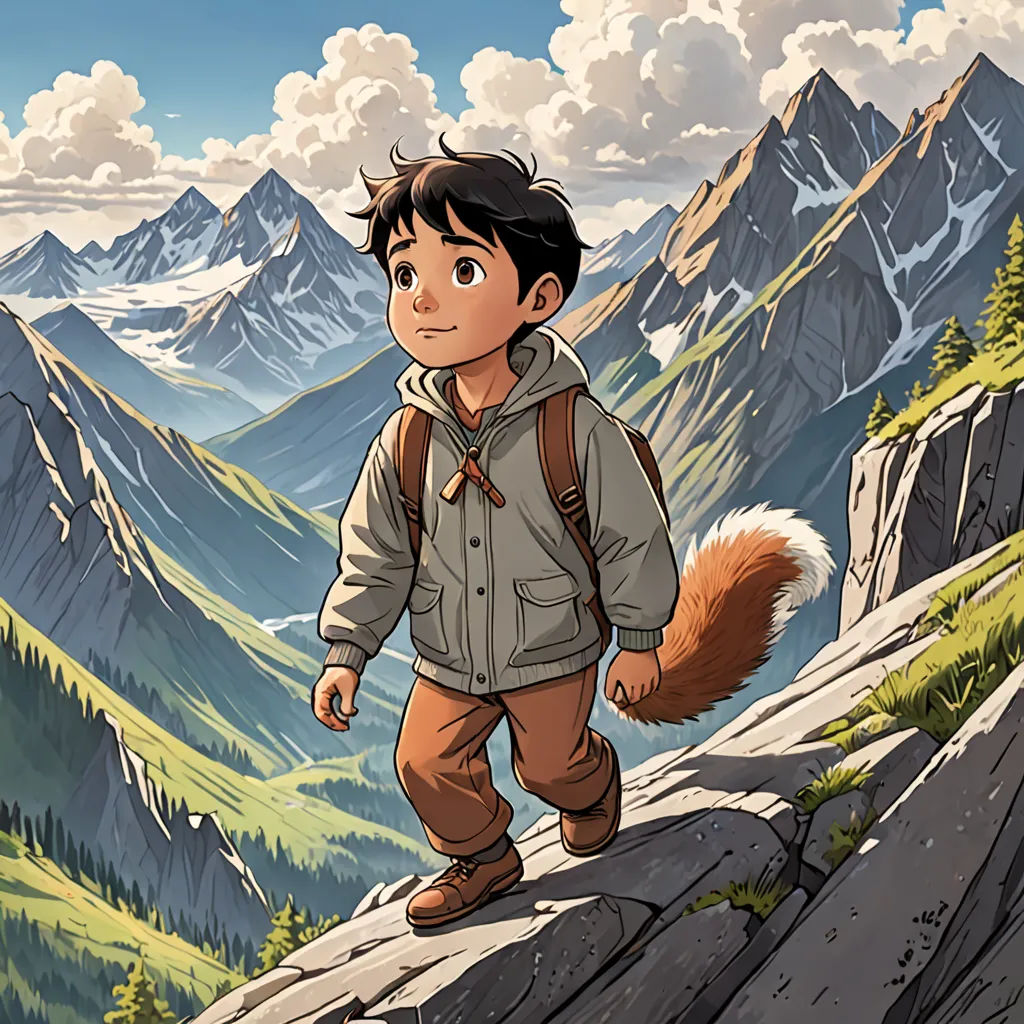 a boy in a jacket and backpack standing on a mountain top with a fox in his hand and a mountain range in the background, furry art, a comic book panel, Diego Gisbert Llorens, yukito kishiro