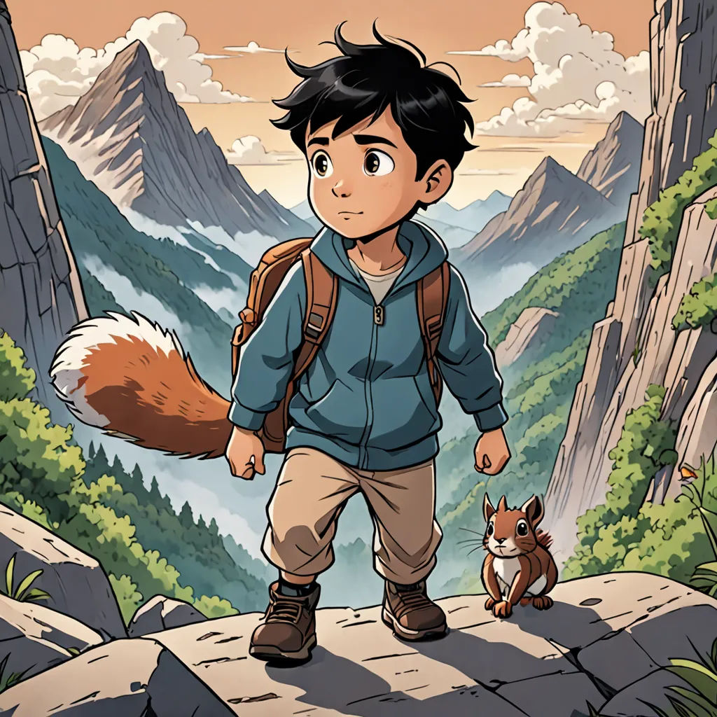 a boy with a backpack and a squirrel on a mountain trail with mountains in the background and a sky with clouds, process art, a comic book panel, Diego Gisbert Llorens, comic cover art