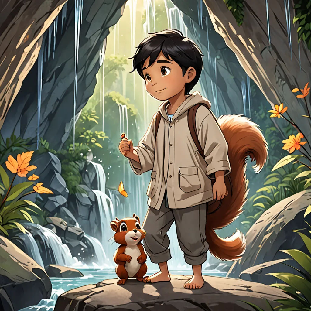 a boy standing in front of a waterfall with a squirrel on his lap and a waterfall in the background, sots art, a character portrait, Cliff Childs, official art