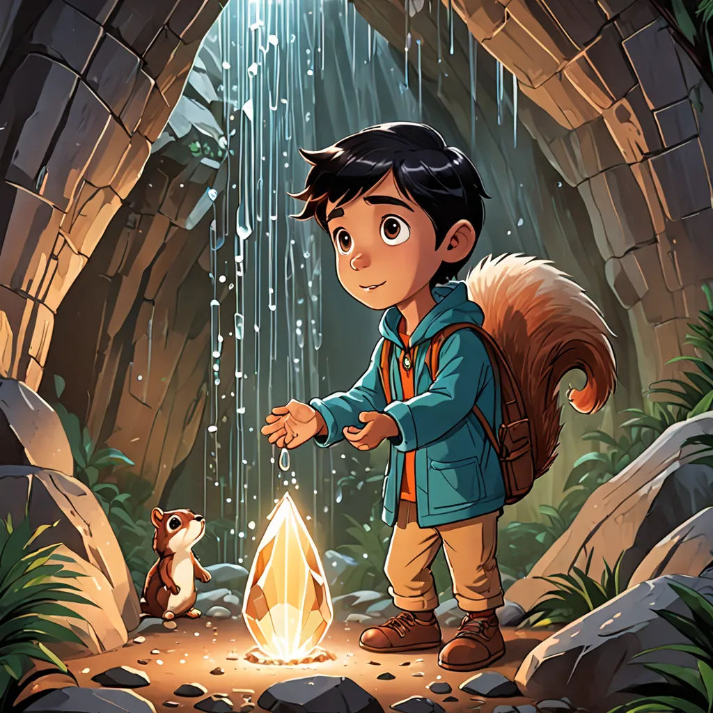 a boy standing in a cave with a squirrel nearby and a fire in the ground with a flashlight in his hand, environmental art, a storybook illustration, Diego Gisbert Llorens, key art