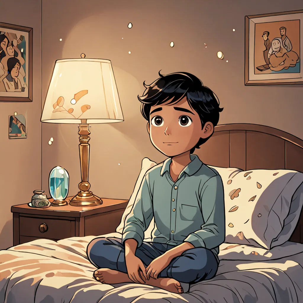a boy sitting on a bed in a bedroom with a lamp on the nightstand and a picture of a woman on the wall, magical realism, a comic book panel, Everett Warner, official art