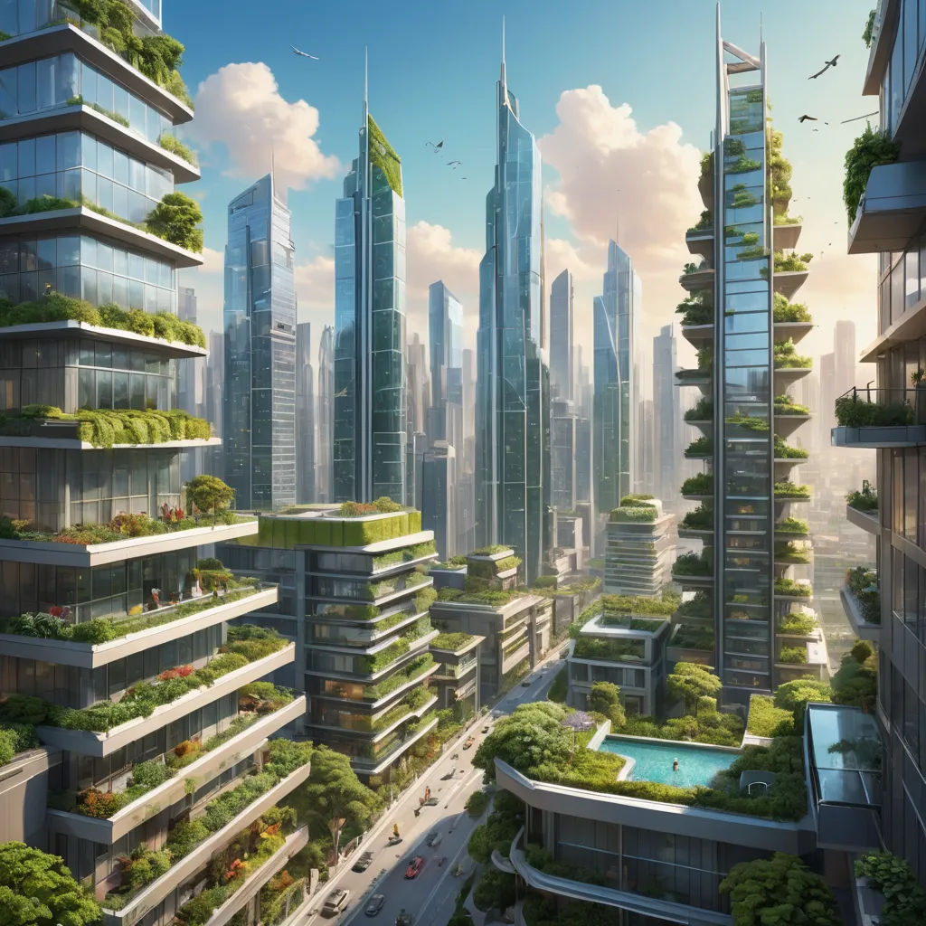 a futuristic city with a lot of tall buildings and trees on the top of them and a pool in the middle, afrofuturism, a detailed matte painting, Edi Rama, solarpunk