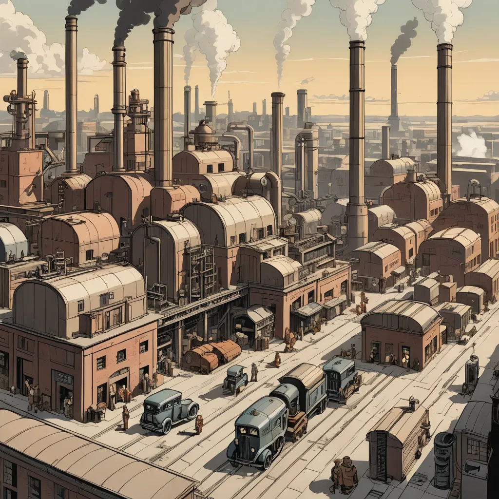 a painting of a factory with smoke stacks and trains on the tracks and a city in the background with buildings, les automatistes, a detailed matte painting, Chris Ware, dieselpunk