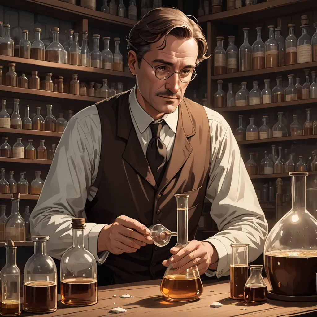 a man in a vest and tie is in a lab with a lot of bottles and a beakle, analytical art, a detailed matte painting, Edward Otho Cresap Ord, II, official art