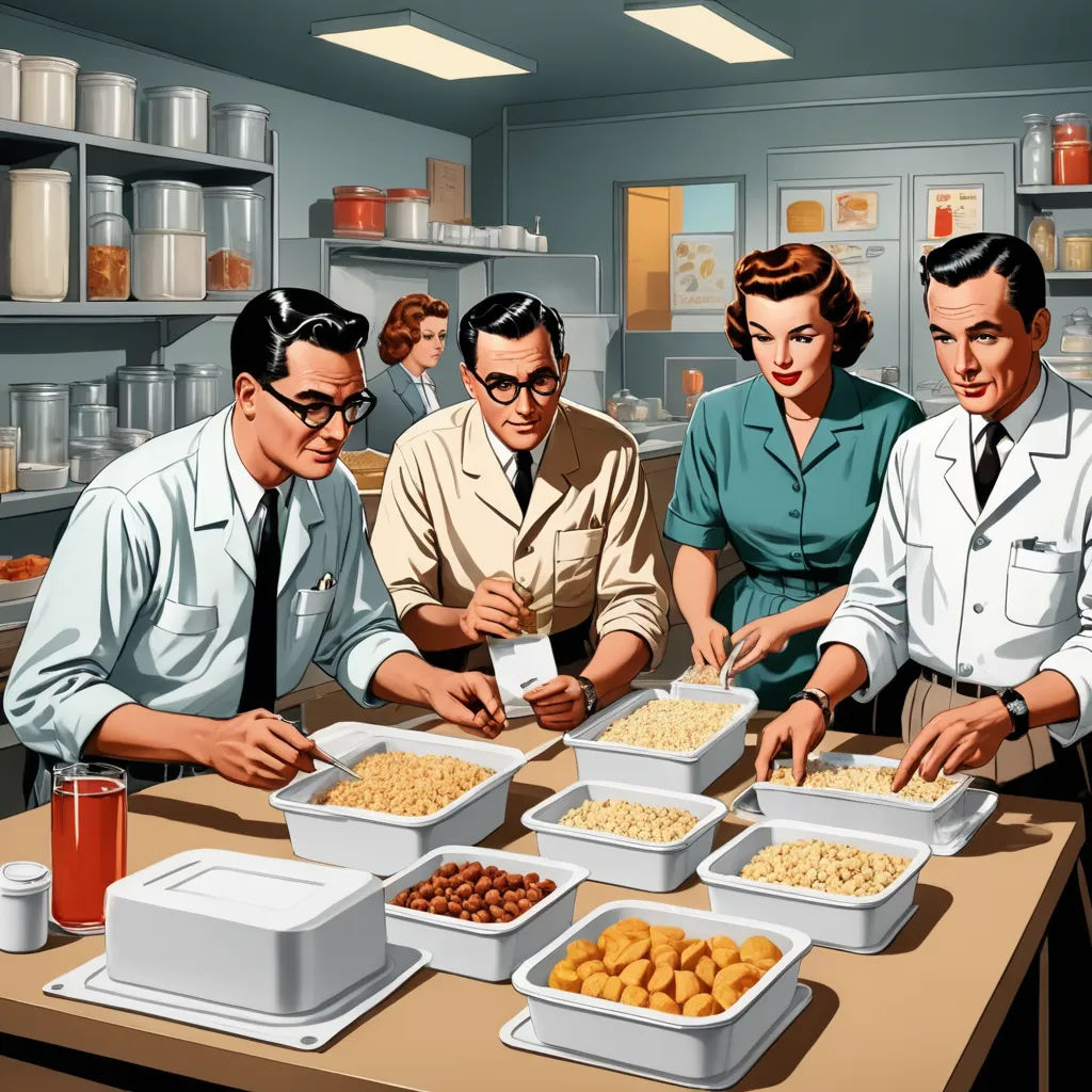 a group of people standing around a table with food on it and plates of food on the table in front of them, academic art, a colorized photo, Edwin Georgi, promotional image