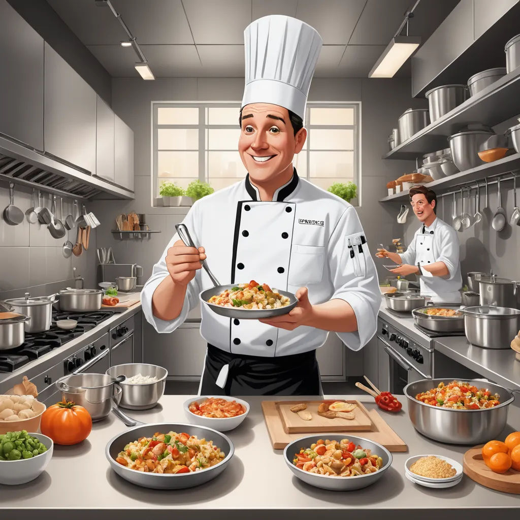 a chef holding a plate of food in a kitchen with other dishes on the counter and a man in the background, lyco art, a digital rendering, Alejandro Burdisio, highly detailed digital painting