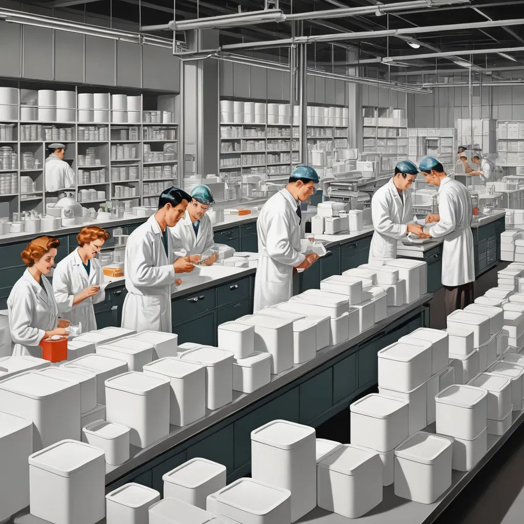 a group of people in a factory working on boxes of food and containers of food on shelves with shelves, les automatistes, an ultrafine detailed painting, Chris Ware, highly detailed digital painting