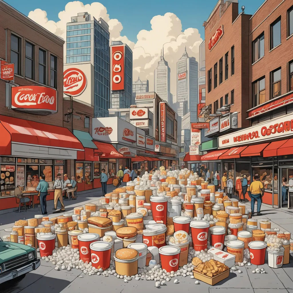 a painting of a street scene with a lot of food on the ground and people walking around it and a car parked on the side of the road, american realism, a hyperrealistic painting, Chris Ware, josan gonzales and dan mumford