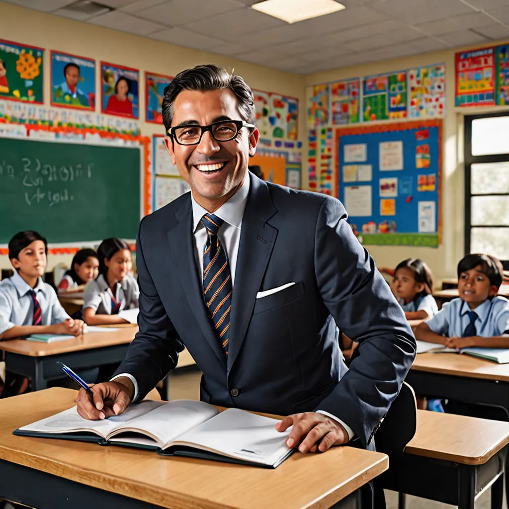a man in a suit and tie standing in front of a desk with a book and pen in his hand, quito school, a character portrait, Bikash Bhattacharjee, promotional image