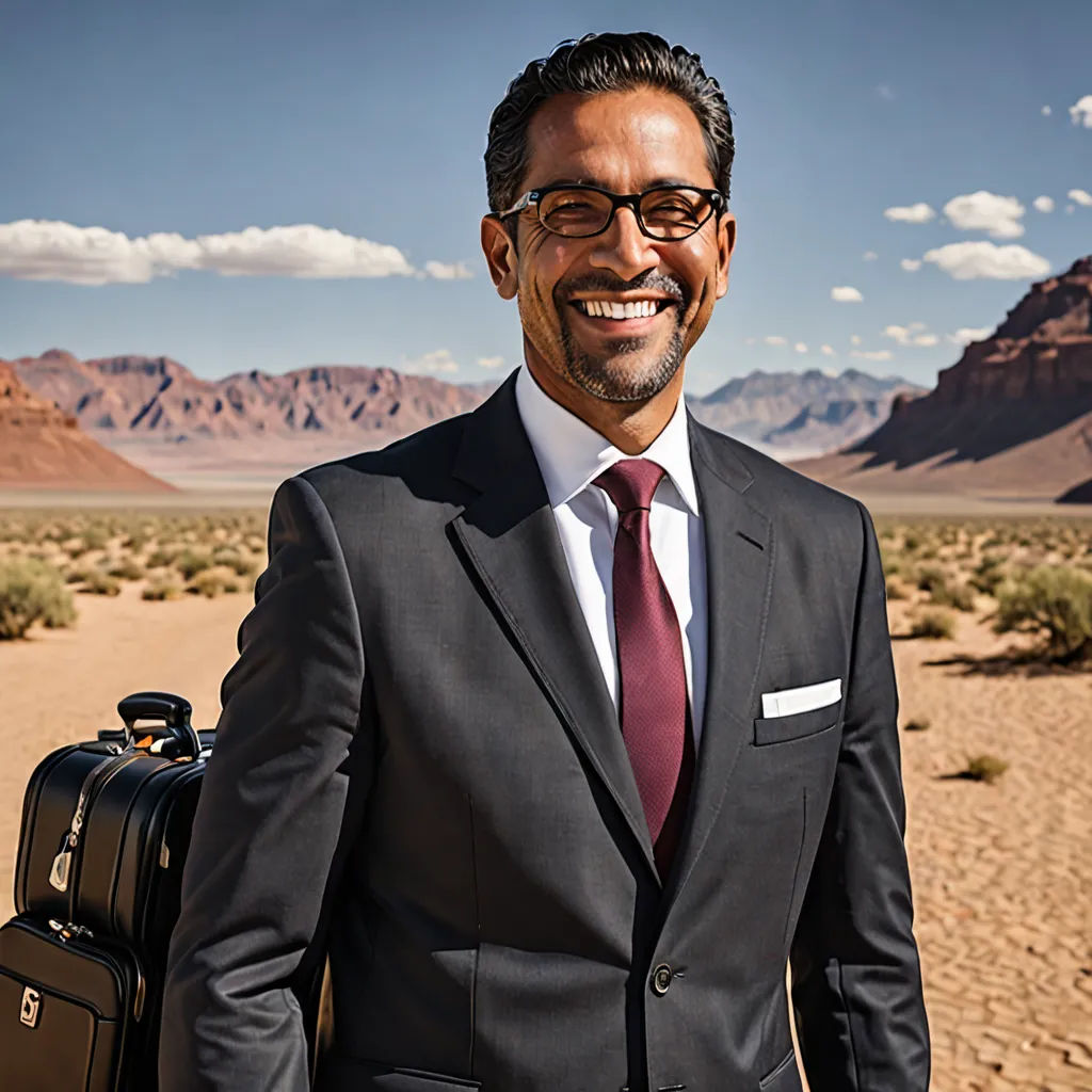 a man in a suit and tie holding a suitcase in the desert with mountains in the background and a sky with clouds, postminimalism, a character portrait, Ahmed Karahisari, promotional image
