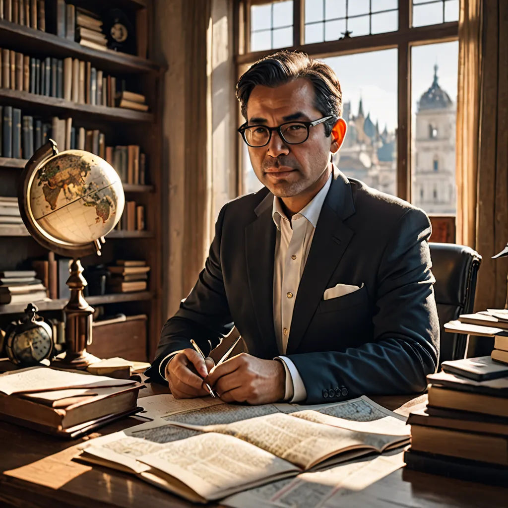 a man in a suit sitting at a desk with books and a globe in the background and a window, academic art, a character portrait, Alexander Jansson, j. c. leyendecker 8 k