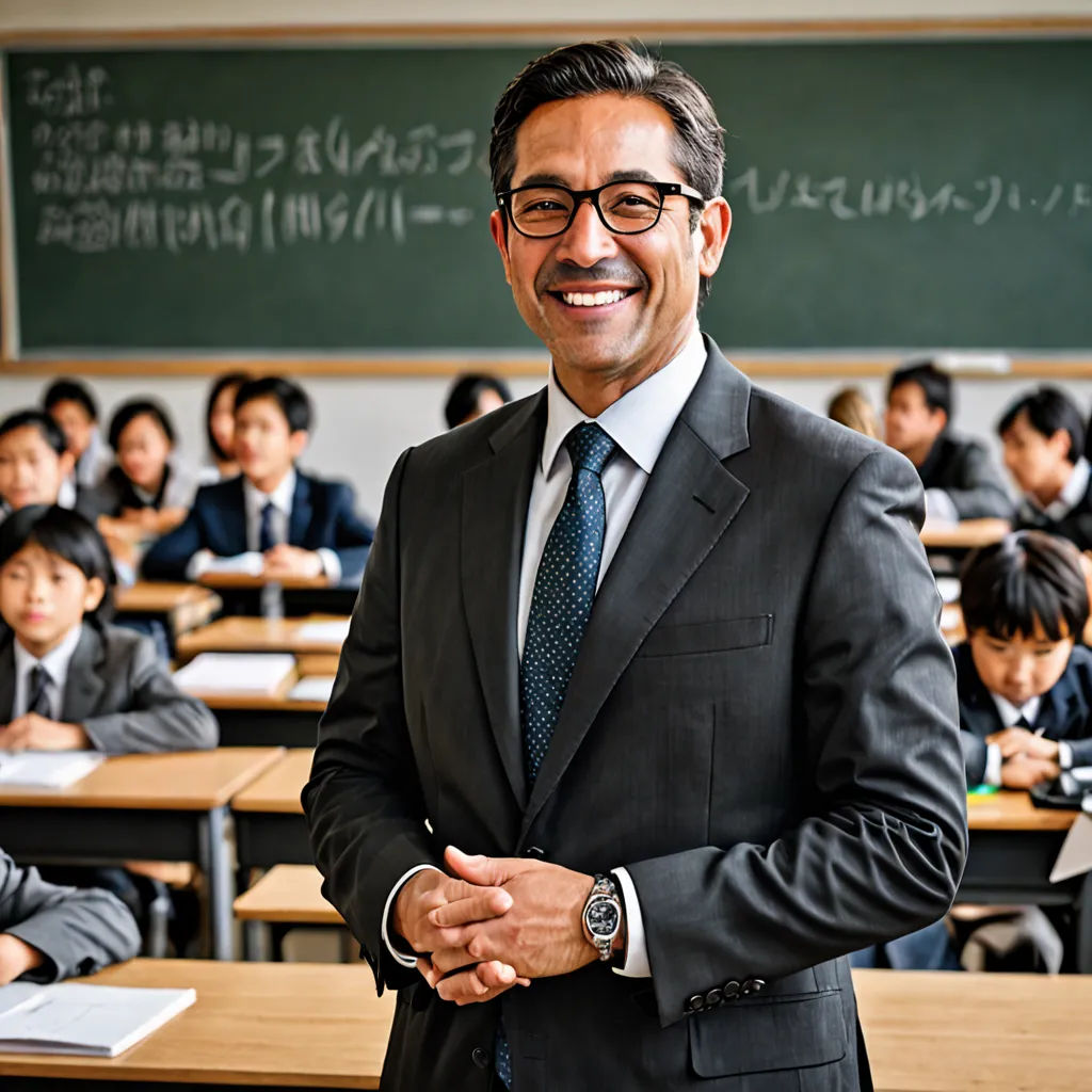 a man in a suit and tie standing in front of a classroom full of students wearing glasses and suits, vancouver school, a stock photo, Aguri Uchida, japanese