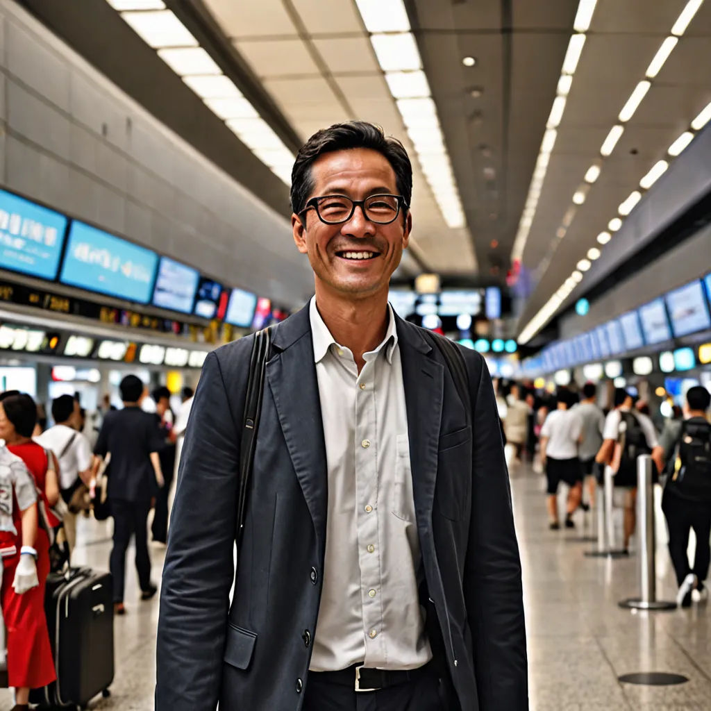 a man in a suit and glasses standing in an airport terminal smiling for the camera with people in the background, international typographic style, a stock photo, Andrew Law, canon eos r 3